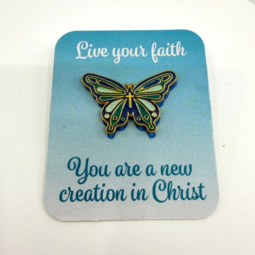 Oriental Trading Christian Butterfly Cross Enamel Lapel Pin Blue Faith Gift